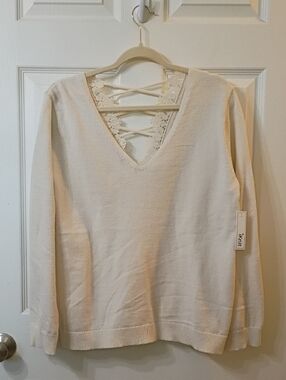 Knit V-Neck Lace-Back Sweater in Cream